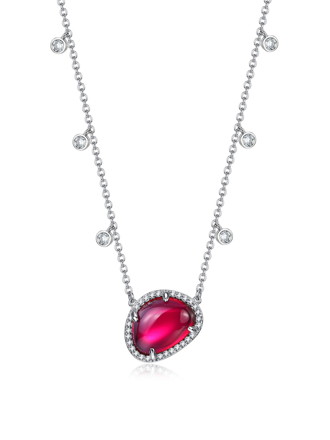 Sterling silver thin chain ruby pendant necklace seamless white backdrop commercial photography, luxury women fine jewelry studio sample photo, high-def product photoshoot for jewelry brand Shopify store