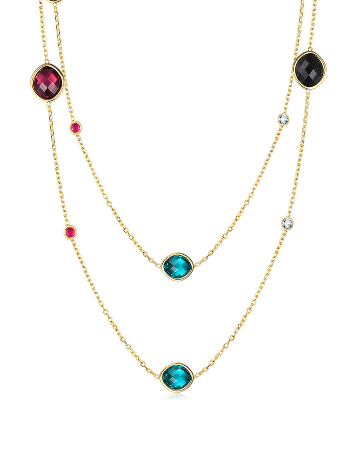 Two layered tourmaline gem bead gold plated necklace seamless white background studio shot, stackable women neck jewelry commercial photography portfolio sample for ecommerce seller