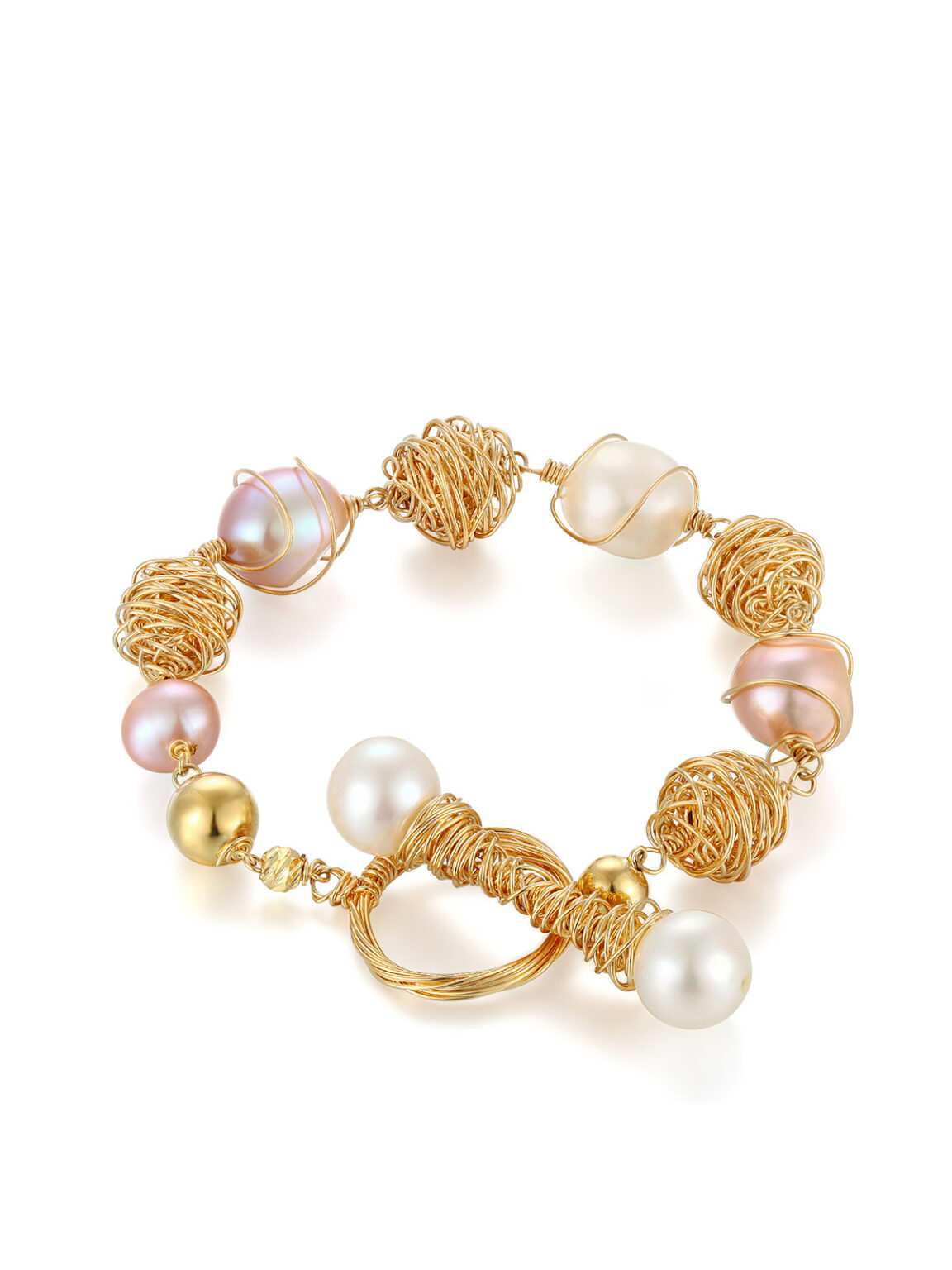 Commercial studio ecommerce product shot of handmade gold wire woven mixed freshwater pearl bangle bracelet, clean seamless white background jewelry photography sample, high resolution jewelry studio photoshoot for cross-border online store listing