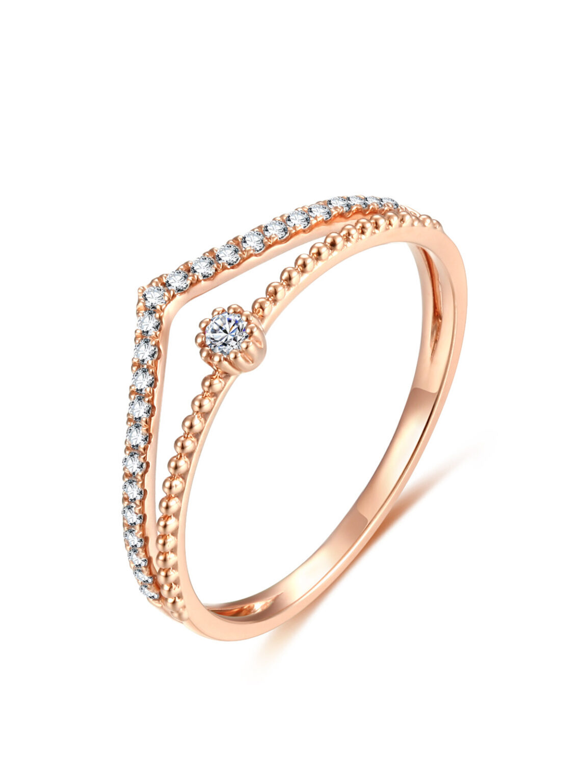 Twisted split shank rose gold statement ring with center cubic zirconia surrounded by double rows small CZ stones, blank white background women engagement jewelry product photography, elegant promise ring high resolution studio sample