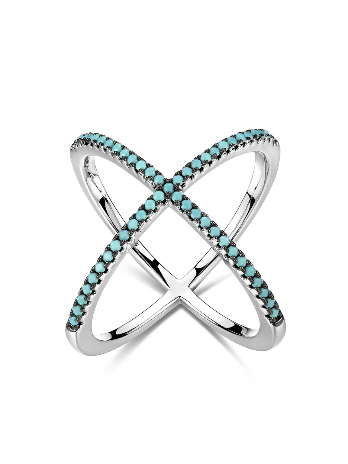 Wide crisscross X shape silver band ring fully paved tiny turquoise stones, seamless white backdrop boho fashion statement jewelry commercial photography, oversized women finger ring high-def ecommerce studio shot