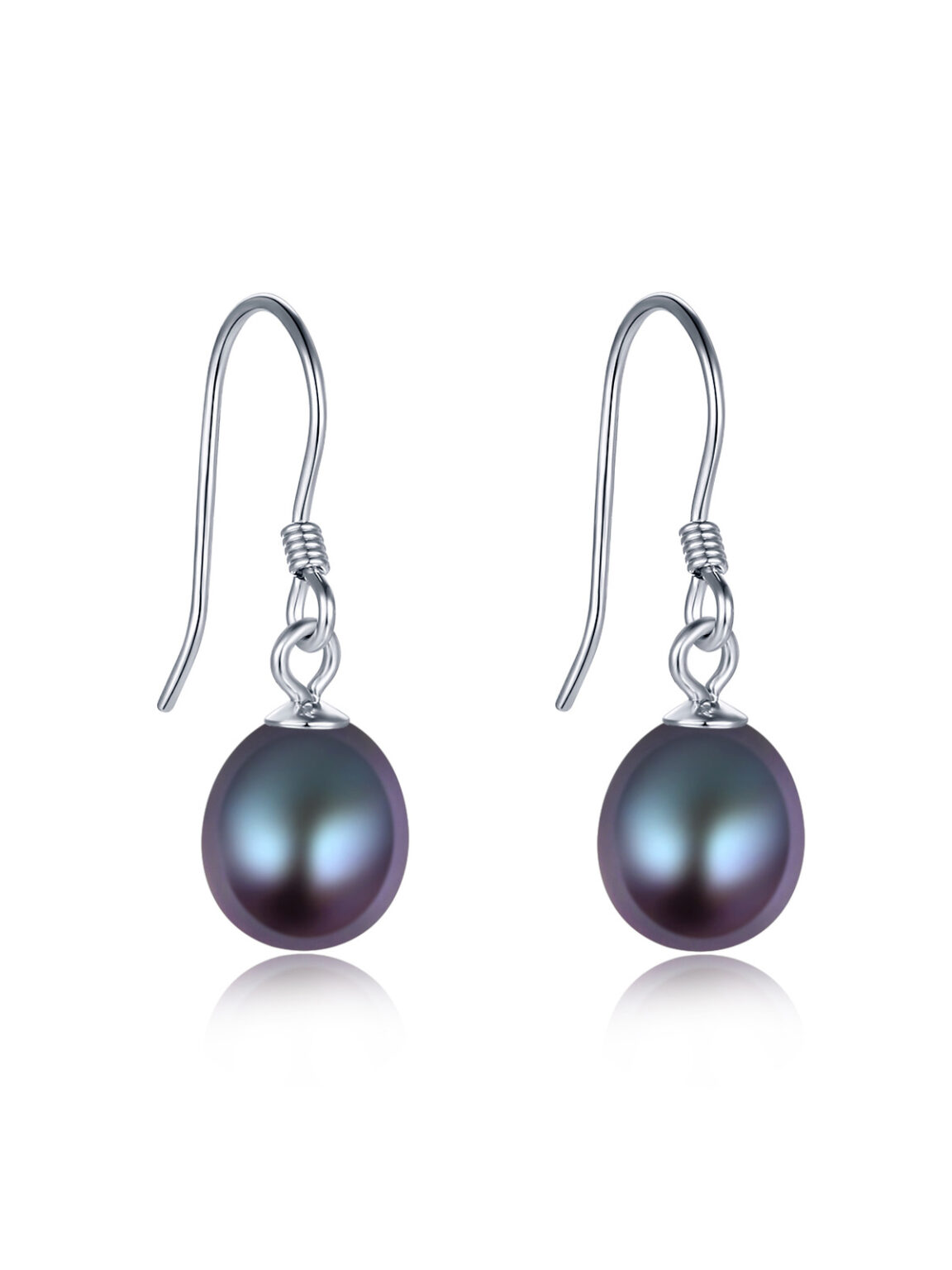 Teardrop dark freshwater pearl long fish hook silver drop earrings, seamless white backdrop luxury evening jewelry commercial photography, elegant women formal ear accessory high-def studio photo for cross-border seller