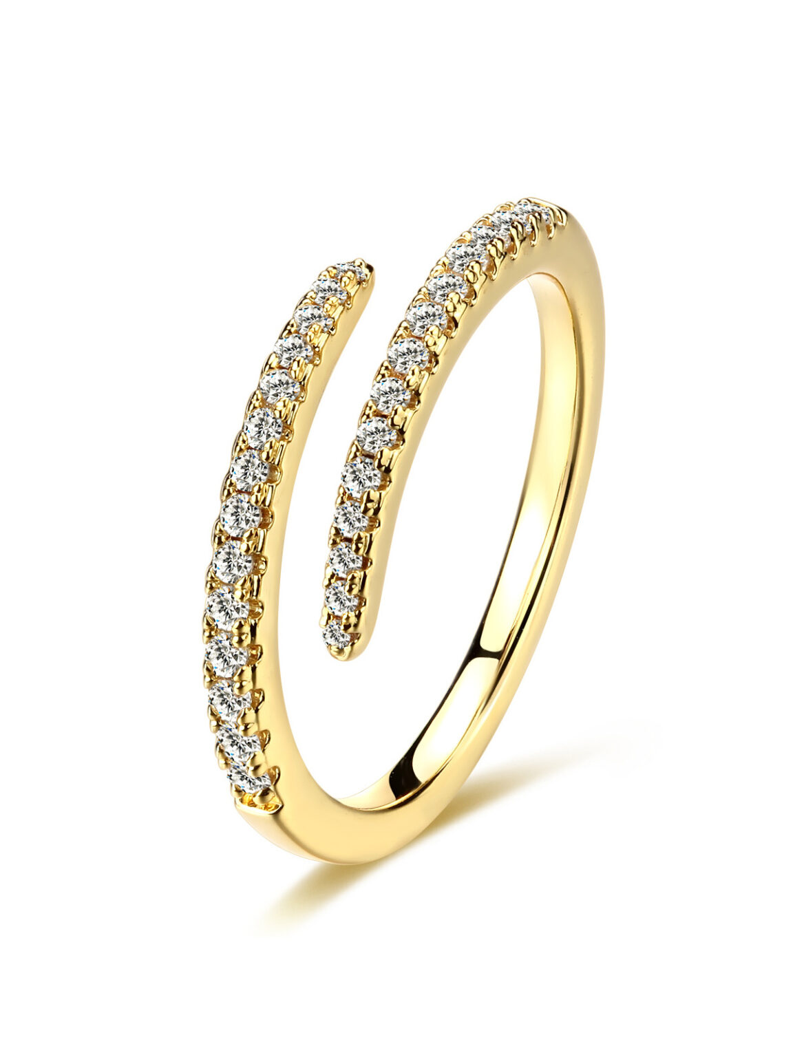 Adjustable twisted open band gold ring fully paved cubic zirconia, clean pure white background jewelry product photography, minimalist finger ring high-res studio shot for jewelry merchant