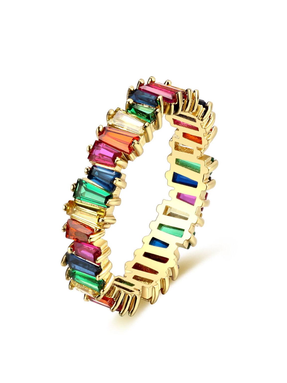 Full eternity band ring with rectangular rainbow colored gemstones, seamless white backdrop commercial jewelry photography, vibrant women party ring high resolution ecommerce studio sample
