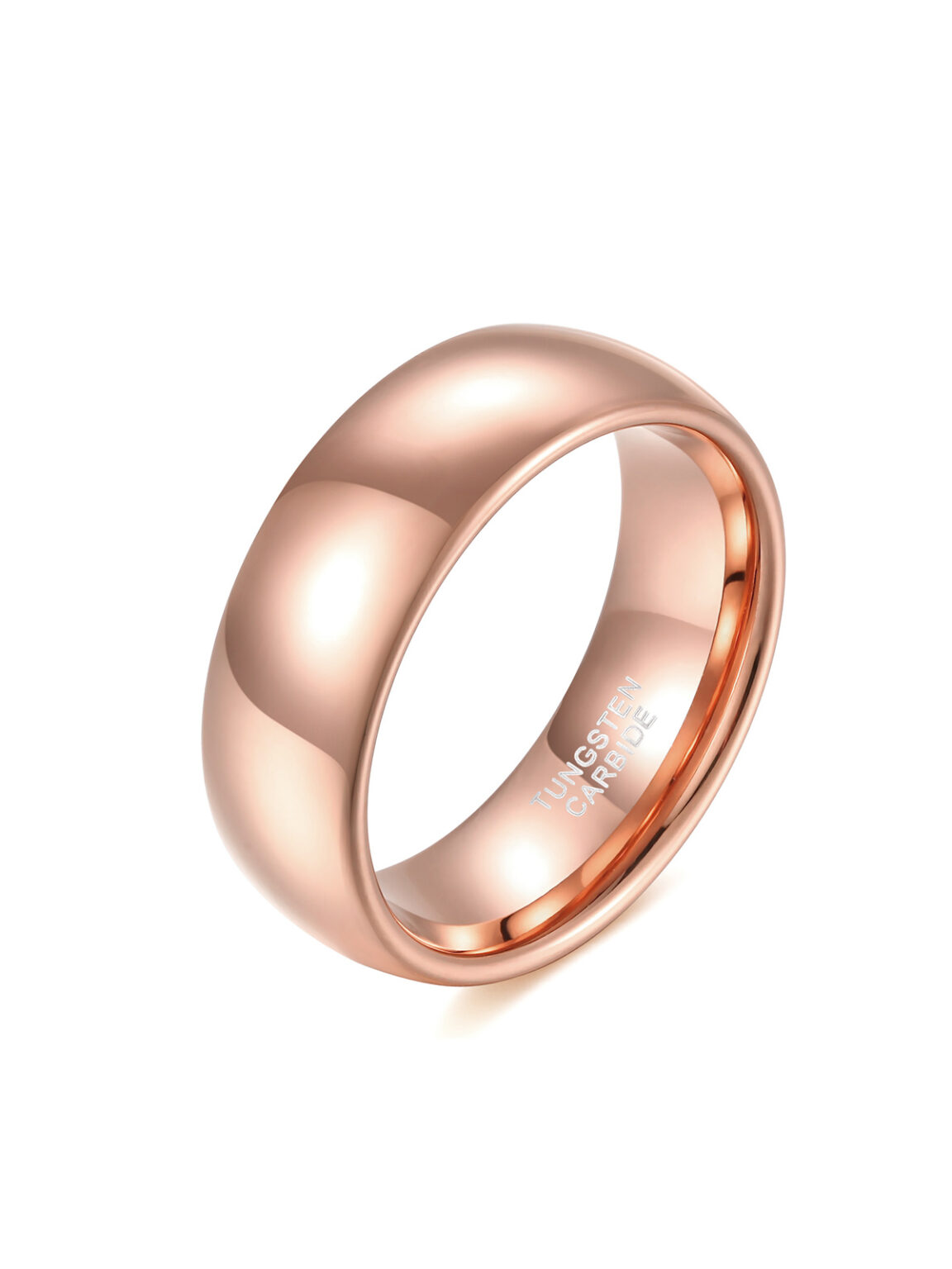 Solid smooth polished rose gold tungsten carbide plain band ring, blank seamless white background wedding jewelry product photography, unisex simple band high-def studio shot for bridal store