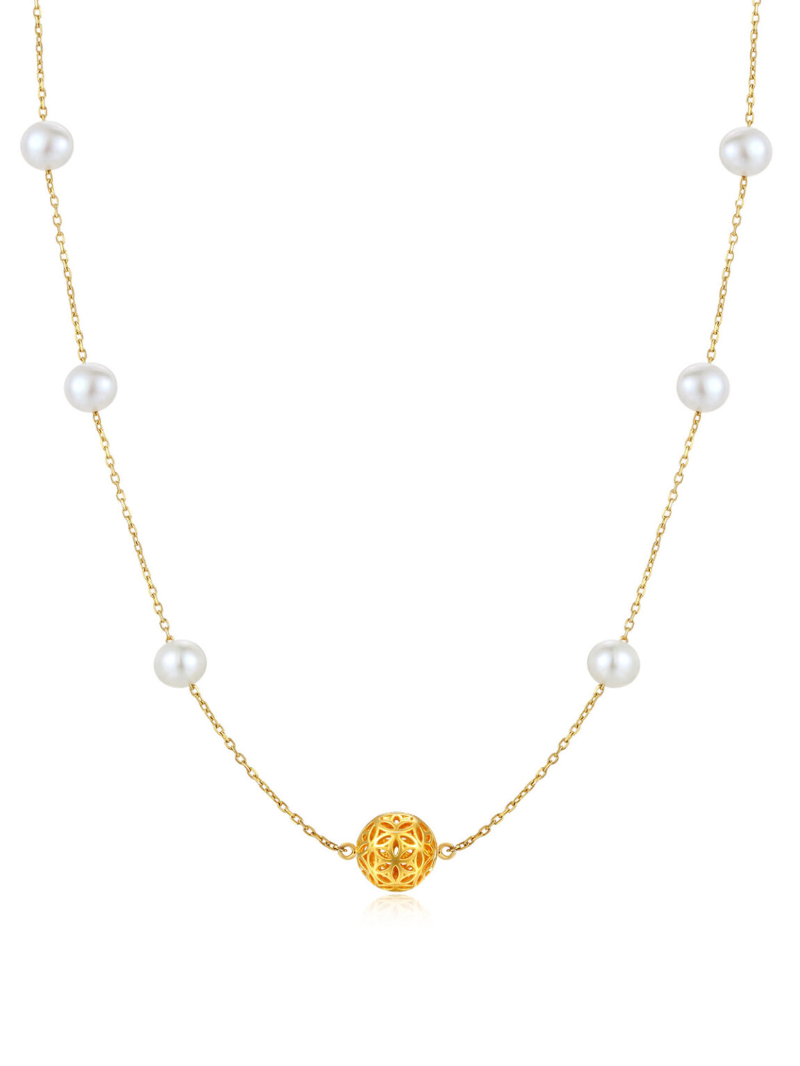 Thin gold plated layering chain necklace with three freshwater pearls and embossed coin charm, pure white background commercial jewelry photography, delicate everyday neck accessory high-res studio sample for online jewelry shop