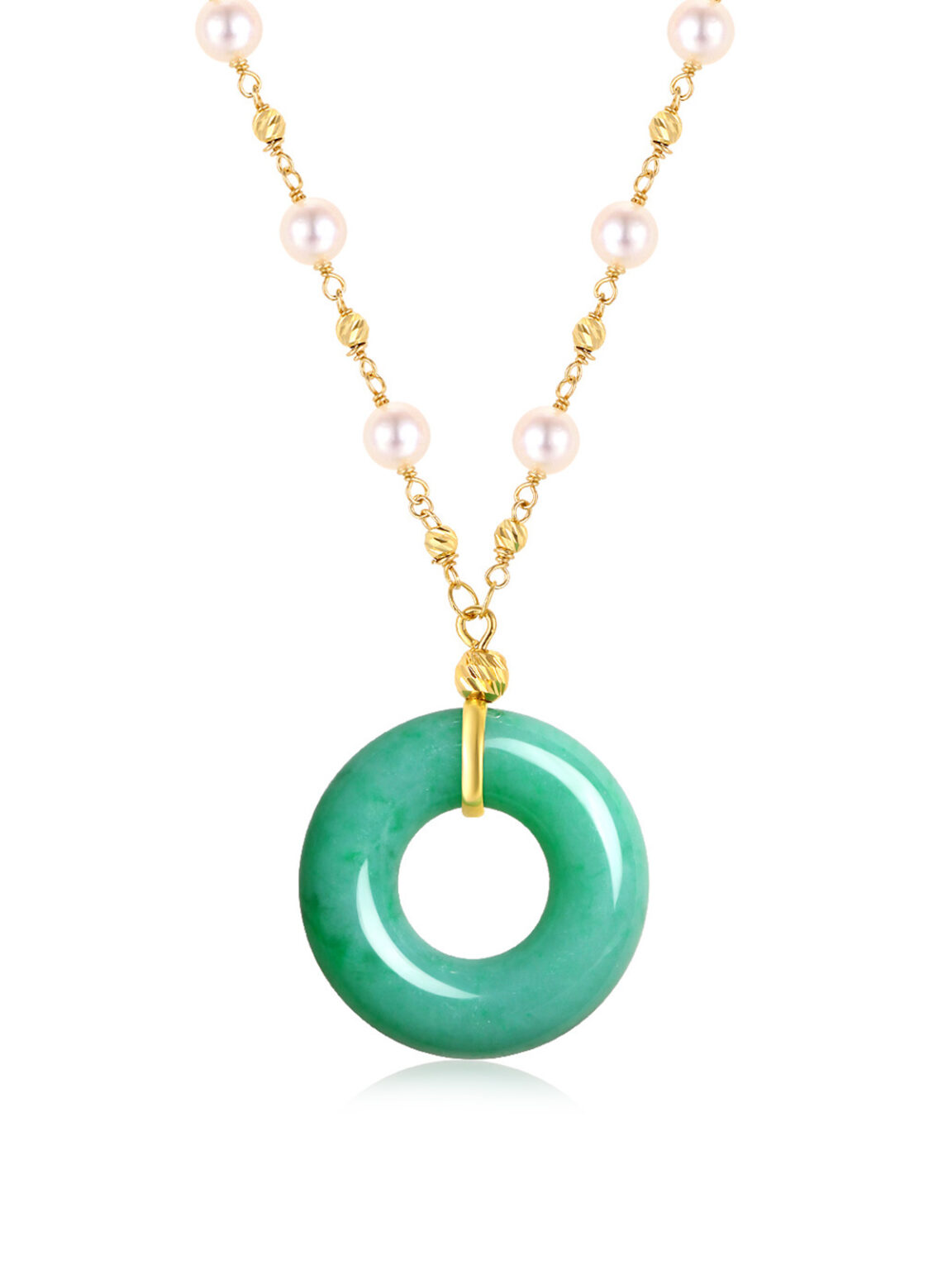 Natural circular green jade peace buckle pendant thin gold chain, clean white backdrop oriental jewelry commercial photography, vintage Chinese style jade accessory high definition ecommerce studio photo