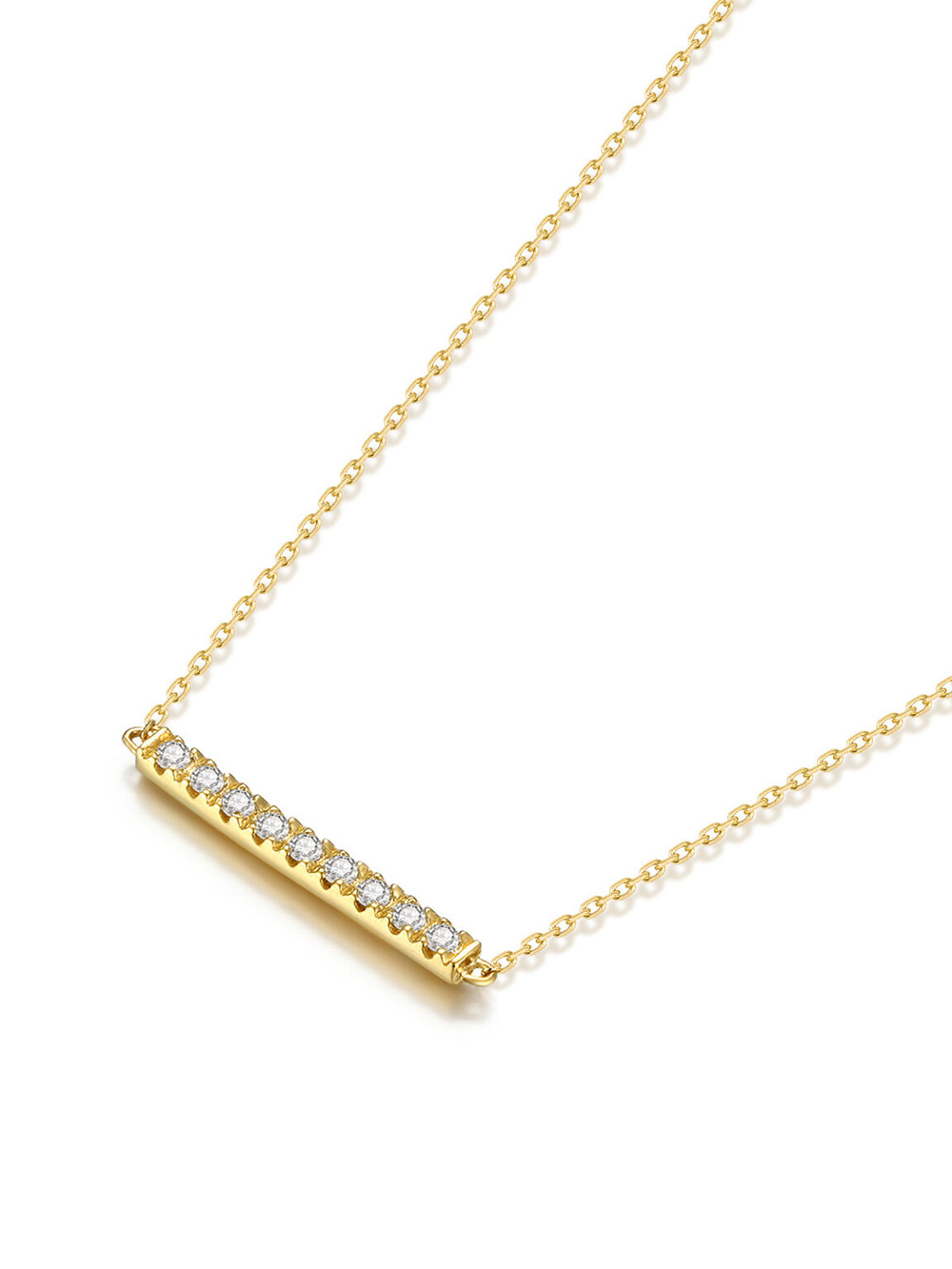 Dainty thin gold plated chain necklace with rectangular bar fully paved clear cubic zirconia stones, pure white background minimalist daily layering jewelry commercial studio shot, high-res ecommerce photo for women fashion jewelry shop