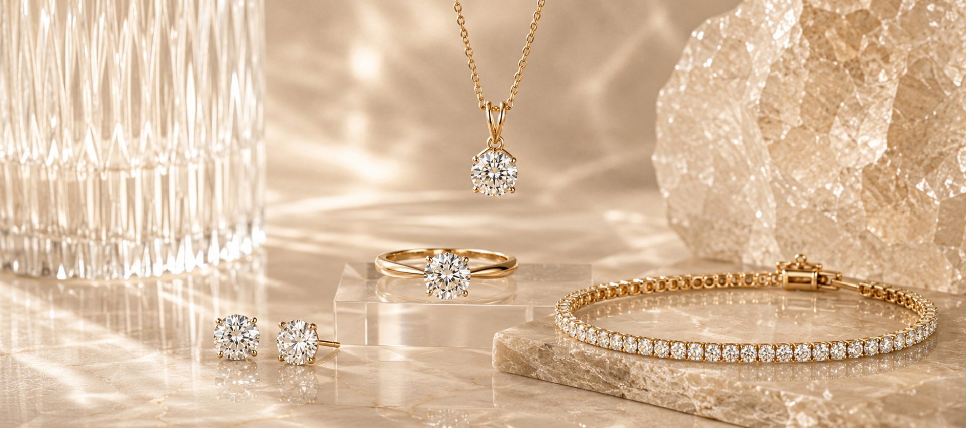 Home Gold-tone pendant necklace, stud earrings, solitaire ring and tennis bracelet with round clear stones displayed on crystal, acrylic and marble props.