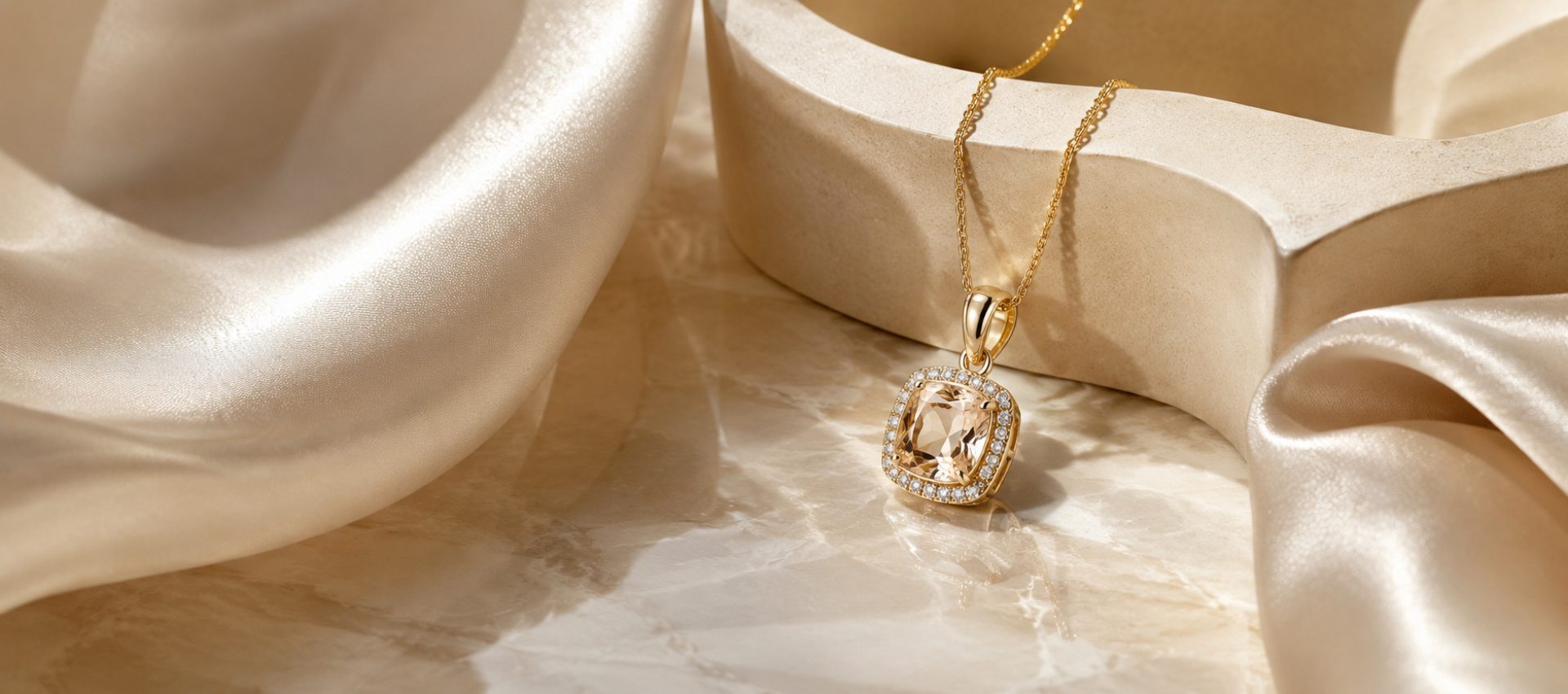 Home Gold-tone necklace with a cushion-cut champagne gemstone pendant surrounded by clear stones, displayed on marble with satin fabric and sculptural props.