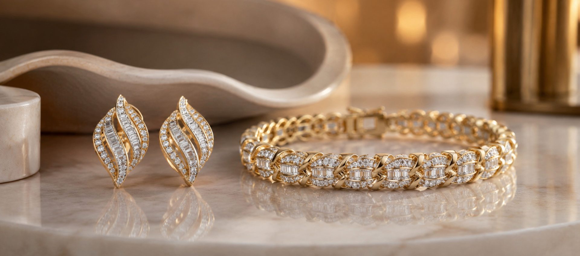 Home Gold-tone leaf-shaped earrings and matching link bracelet set with round and baguette-cut clear stones, displayed on a reflective marble surface in warm lighting.